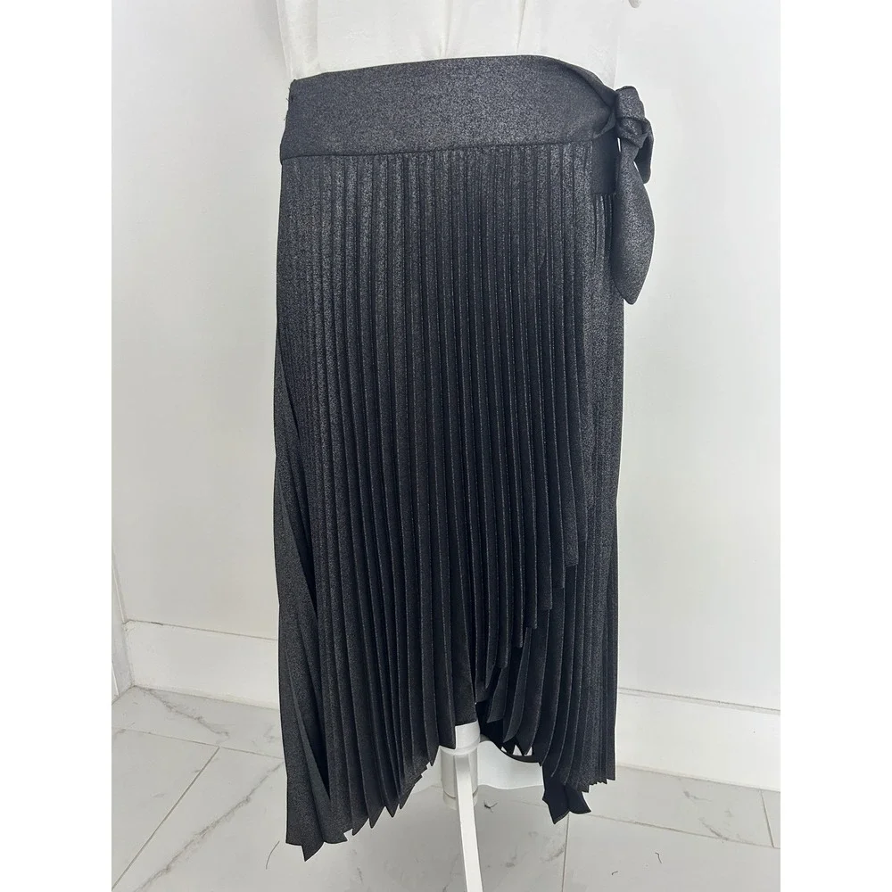 White House Black Market Metallic Pleated Wrap Midi Skirt Grey Shimmer Size 8